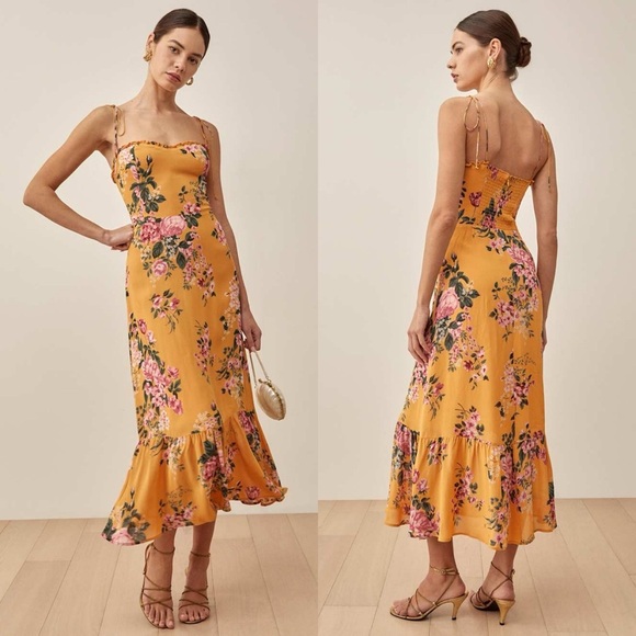 REFORMATION Enya Yellow Floral Midi Dress 4 - Picture 1 of 7